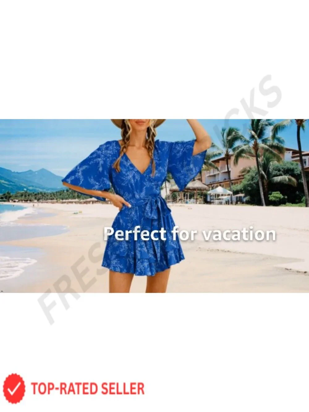 Women's Summer Romper Floral V Neck Short Sleeve Waist Tie Ruffle Hem Jumpsuit